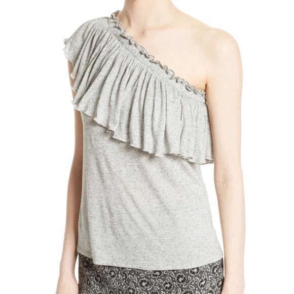 Rebecca Taylor Women's Grey Melan Jersey Knit One-Shoulder Ruffle Top sz M - Picture 7 of 7